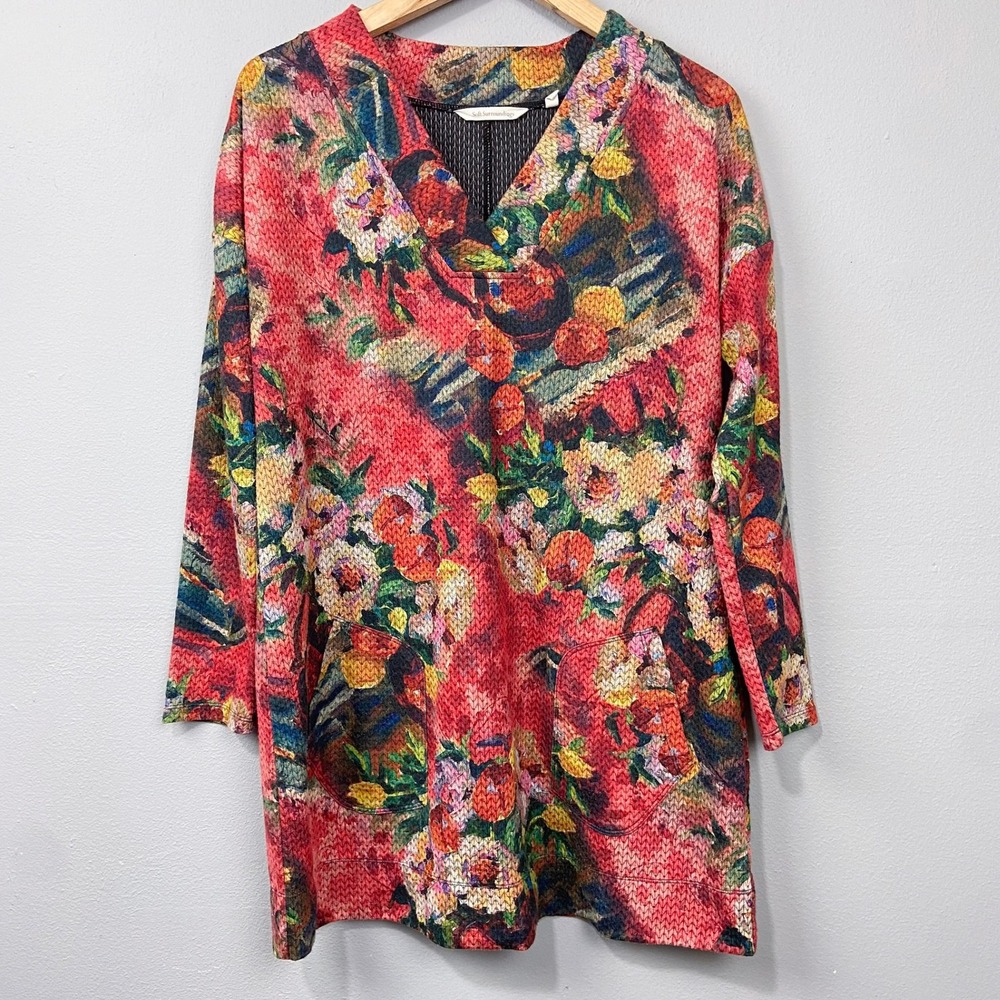 Soft Surroundings Floral Print Knit Tunic Top‎ Pockets Sz L Pointelle Artsy Boho